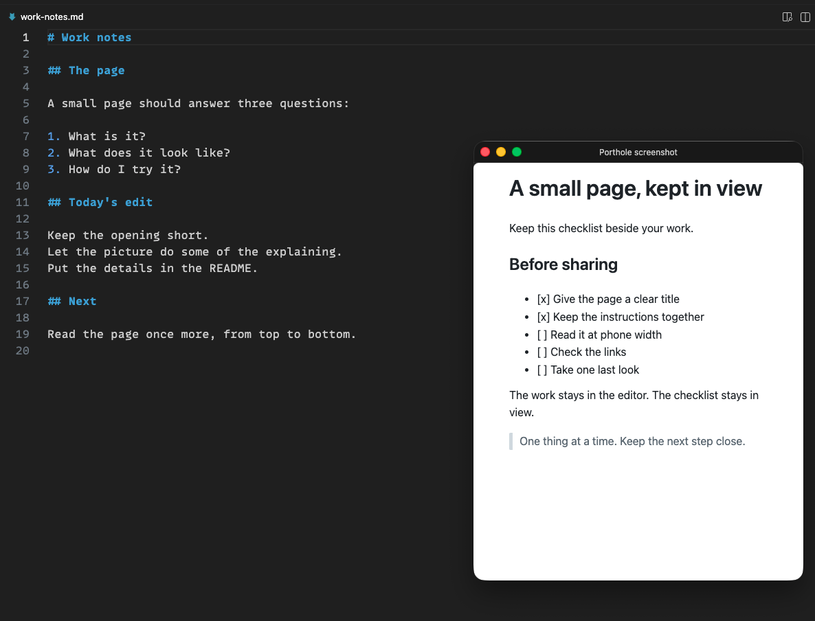 A floating window shows the rendered checklist ‘A small page, kept in view’ beside work-notes.md in a dark VS Code editor.